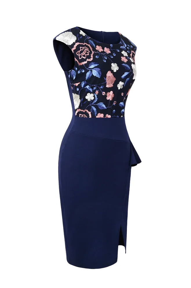Женская летняя винтажная Элегантная Лоскутная одежда с цветочной вышивкой для работы Vestidos, деловые вечерние платья для офиса, женское облегающее платье