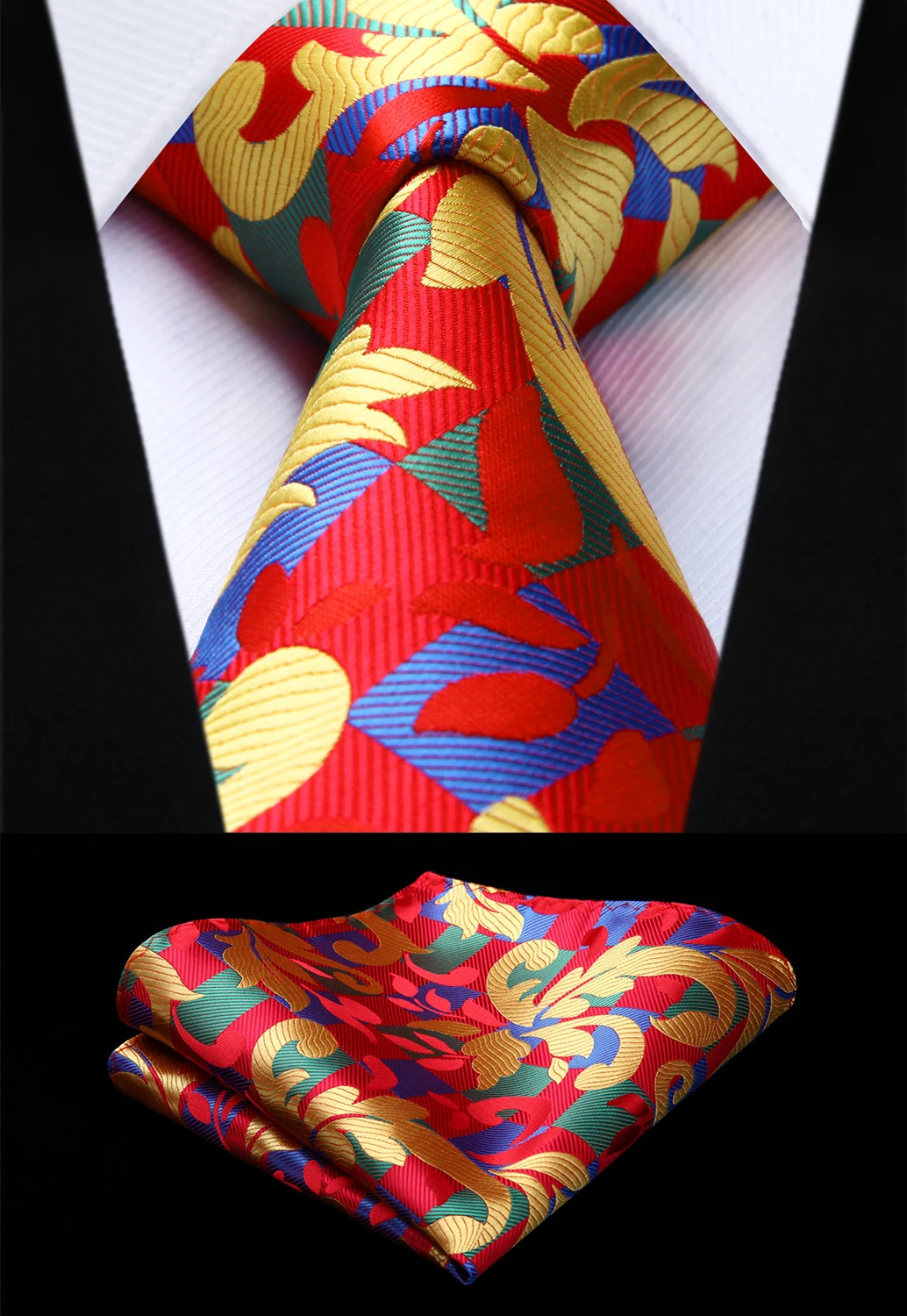 

Party Wedding Classic Fashion Pocket Square Tie Woven Men Red Yellow Tie Floral Necktie Handkerchief Set#TG806R8S