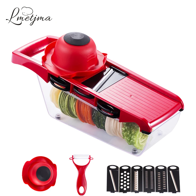 

LMETJMA Mandoline Slicer Vegetables Cutter with 5 Stainless Steel Blade Carrot Grater Onion Dicer Slicer With Container LK0728G