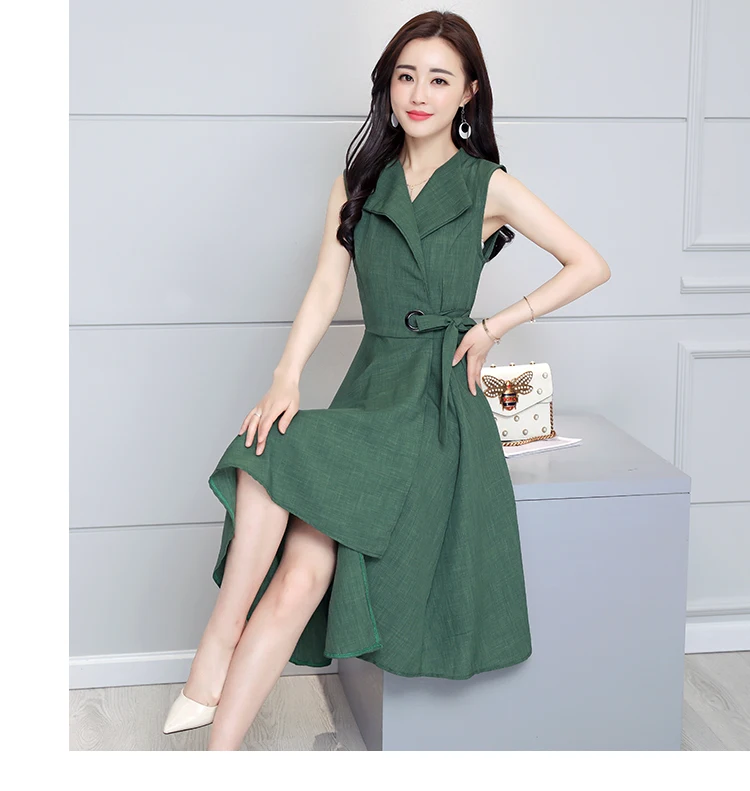 Cotton Linen Summer Office Dress A-line Robe Femme Ete 2018 Grande Taille 5XL V Neck Plus Size Black Office Dress7