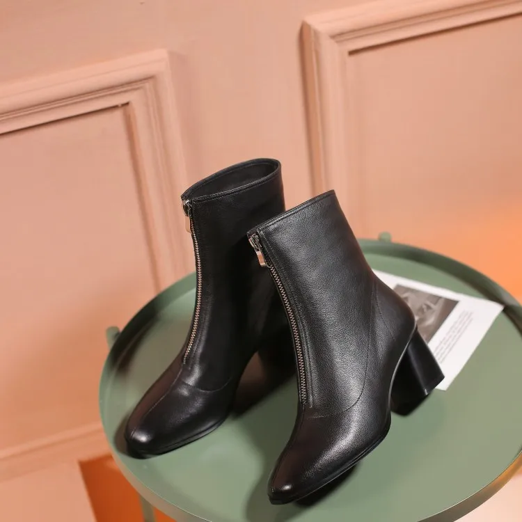 GPOKHDS/ г. женские ботильоны из мягкой коровьей кожи, зимние короткие плюшевые ботинки на молнии черного цвета с квадратным носком на высоком каблуке, размер 34-42