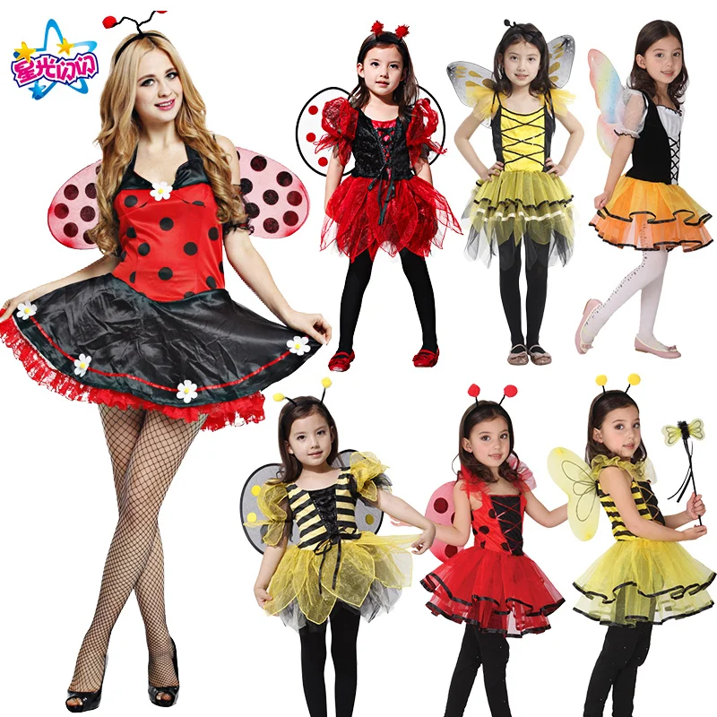 

Free shipping Holiday Women Kids Cute lady bug with wing fairy for kids girls dresses Fancy Masquerade Party Dragonfly Dance