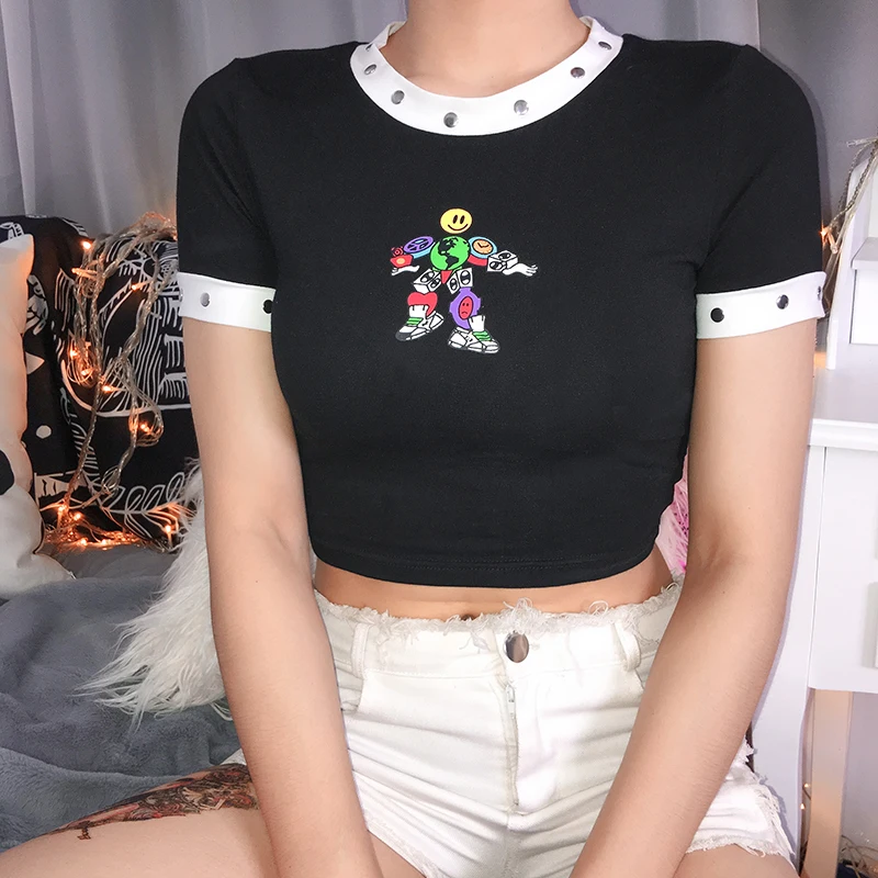 

Korean Casual Cartoon Print Black Tshirt Women Short Sleeve Cotton Crop Top 2019 Ladies Summer Streetwear Harajuku Basic Tops