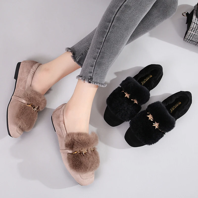

2018 Winter Shoes Fur Woman Flats Bling Star Toe Slip On Flat Shoes Plush Warm Women Loafers Faux Fur Zapatos Mujer Casual Shoe