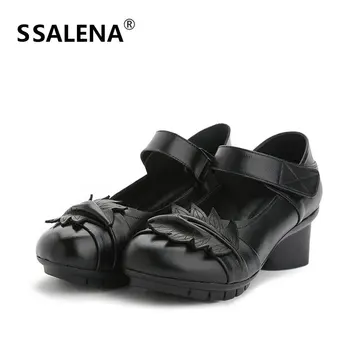 

Women's Retro Pumps Shoes National Wind Handmade Mid Heels Leather Shoes Women Round Toe Soft Soles Pumps AA60568