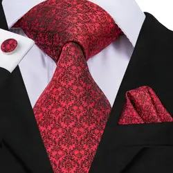 Hi-Tie свадебный красный галстук для мужчин Высокое качество шелковые плетение, цветок мужские галстуки Gravata карманные Квадратные Запонки
