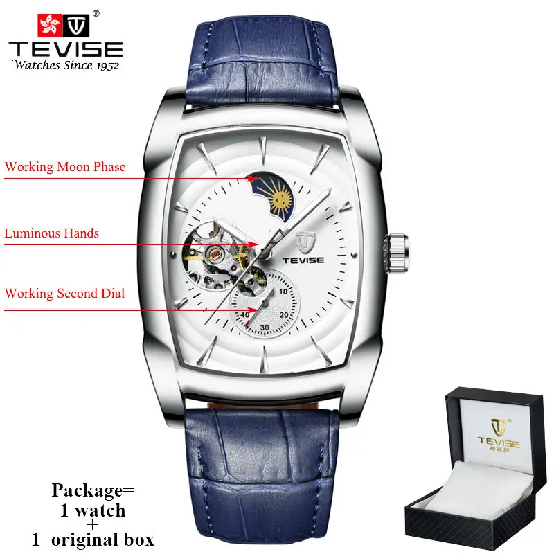 Tevise кожаные часы Автоматические Мужские автоматические часы мужские механические часы с фазой Луны Наручные часы Montre Automatique Homme T802 - Цвет: blue n box