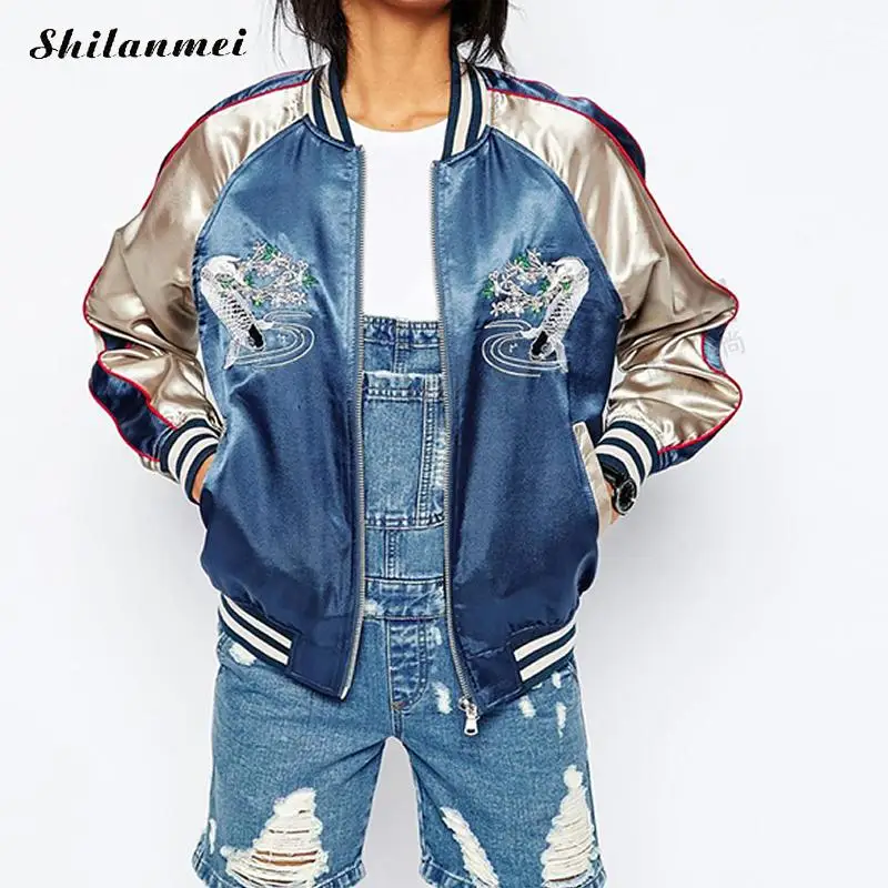 Autumn women white crane flower embroidered jacket 2017 long sleeve