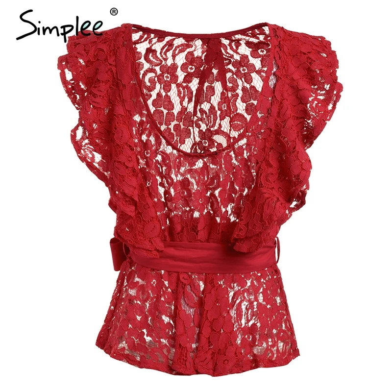Simplee Sexy backless ruffle lace blouse women Sleeveless belt summer blouse female top 2018 Elegant red tansparent blouse shirt