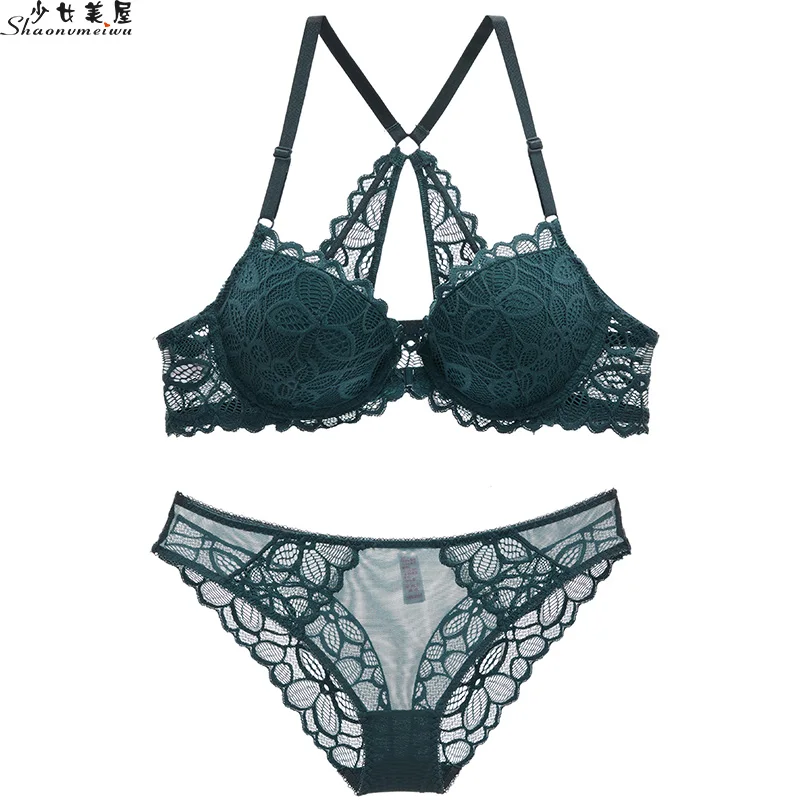 Comprar Shaonvmeiwu conjunto de sujetador de botón delantero trasero Lencería de encaje sexy parte superior delgada parte inferior gruesa pequeña de pecho recogida sujetador señora