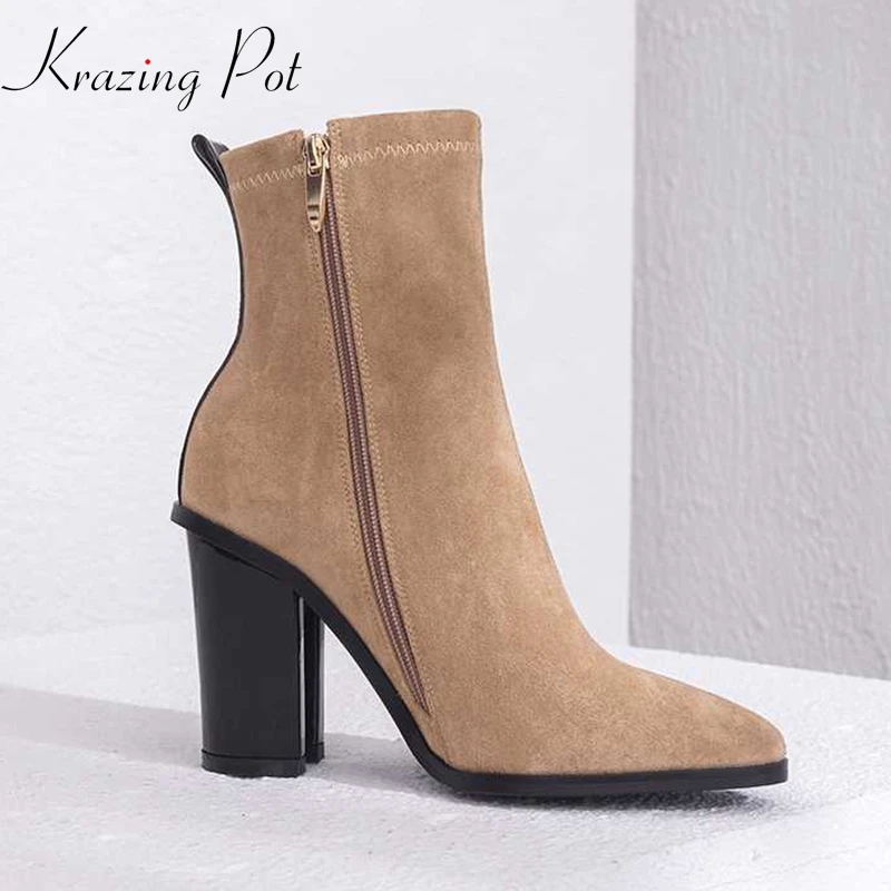 

Krazing Pot 2018 velvet mixed color streetwear pointed toe ankle boots zipper dinner party luxury Hollywood Chelsea boots L56