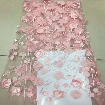 

2018 Newest special Nigerian 3D flowers lace fabric with beads for shining party dress A641-2