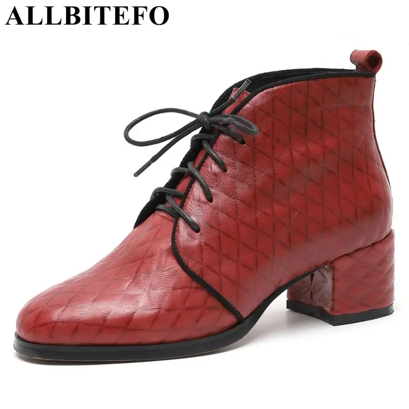 

ALLBITEFO thick heel genuine leather women boots fashion Stone texture high heels ankle boots winter ladies boots girls shoes