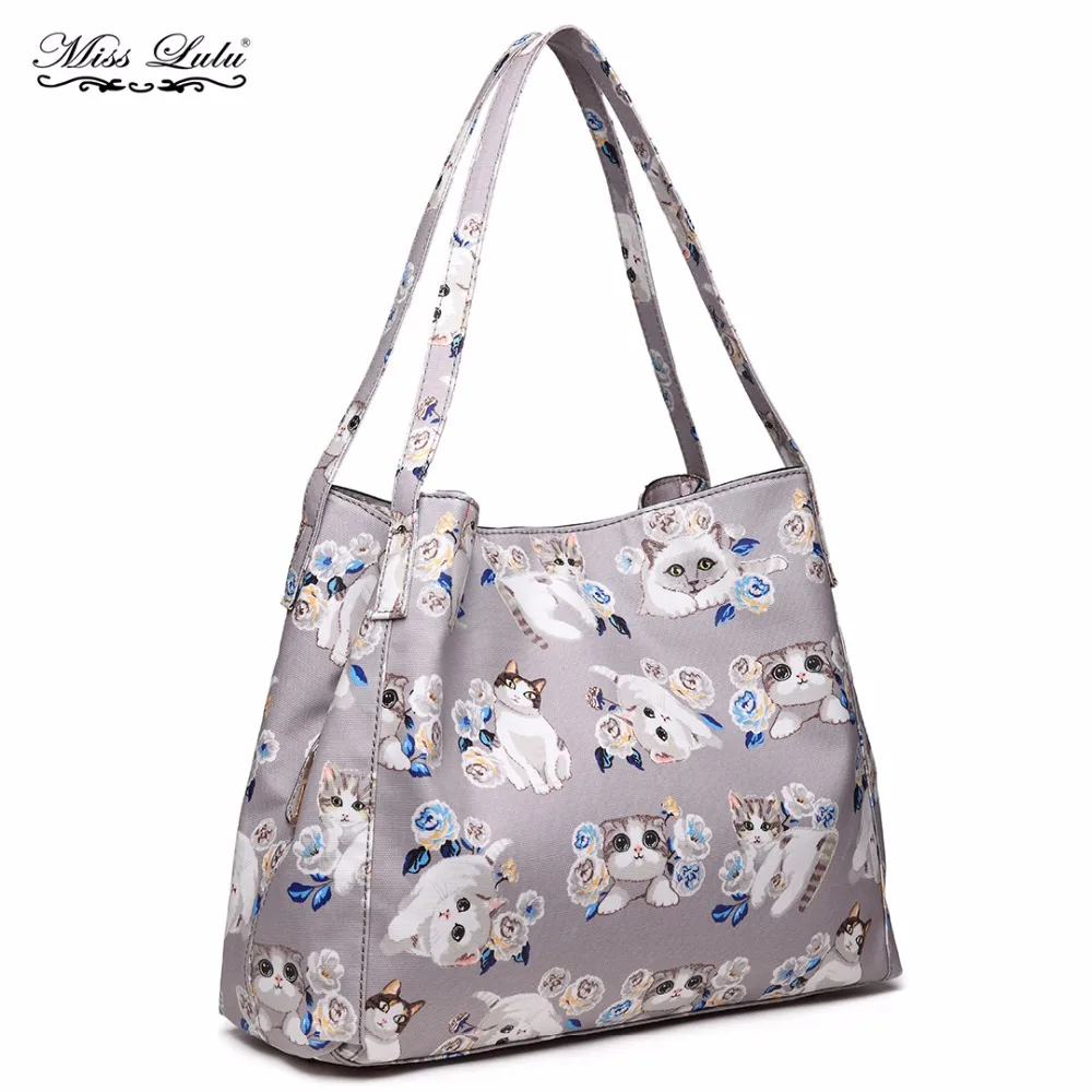

Miss Lulu Women Designer Luxury Shoulder Bag Cat Flower Print Ladies Handbag Matte Oilcloth Female Tote Bolsa feminina LT1758