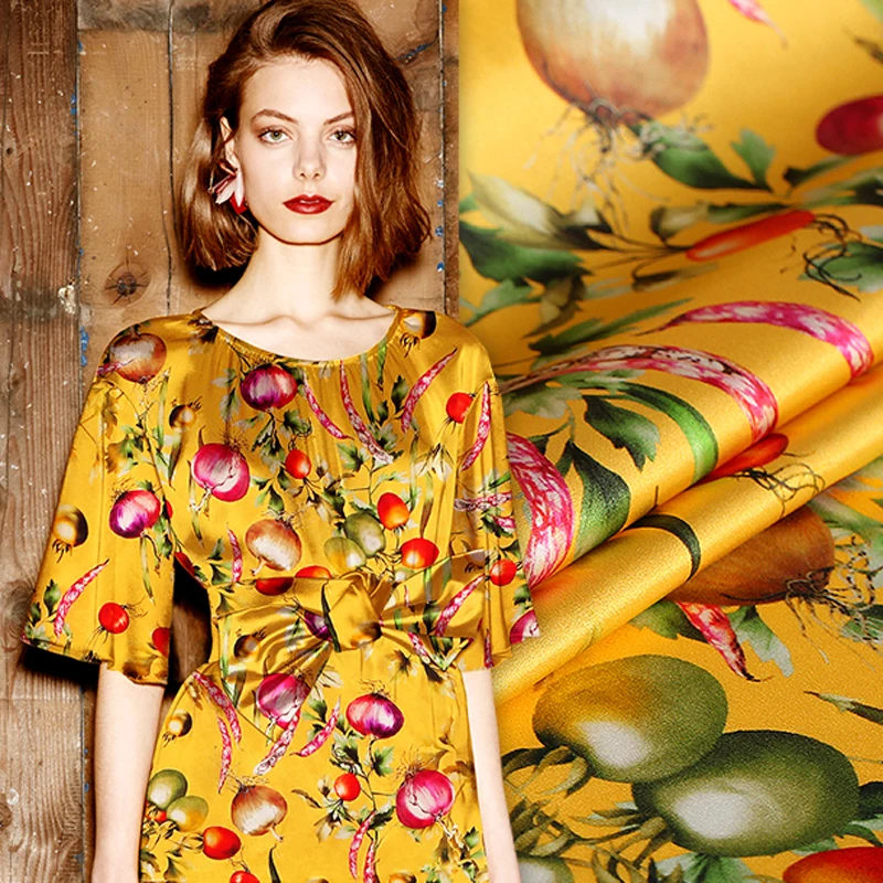 

138CM Wide 20MM Vegetable Print Yellow 94% Silk & 6% Spandex Strech Silk Satin Fabric for Blouse Dress Clothing Cheongsam E793