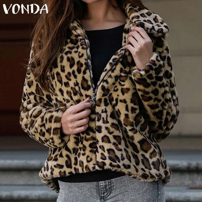 

VONDA Leopard Coats Womens Jackets Sexy Printed Zipper Overwear Winter Faux Fur Coat 2019 Autumn Ladies Warm Outerwear Plus Size