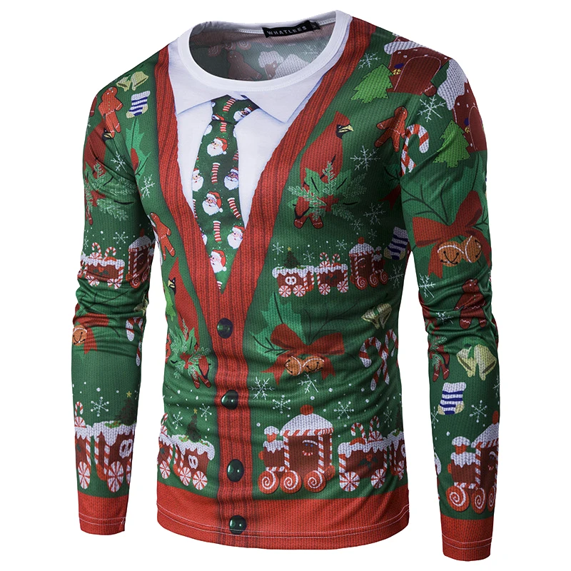 

New Christmas 3D Print T Shirt Men Autumn Long Sleeve shirt Winter Cardigan Tie Print Male Carton Funny shirt Camiseta de hombre