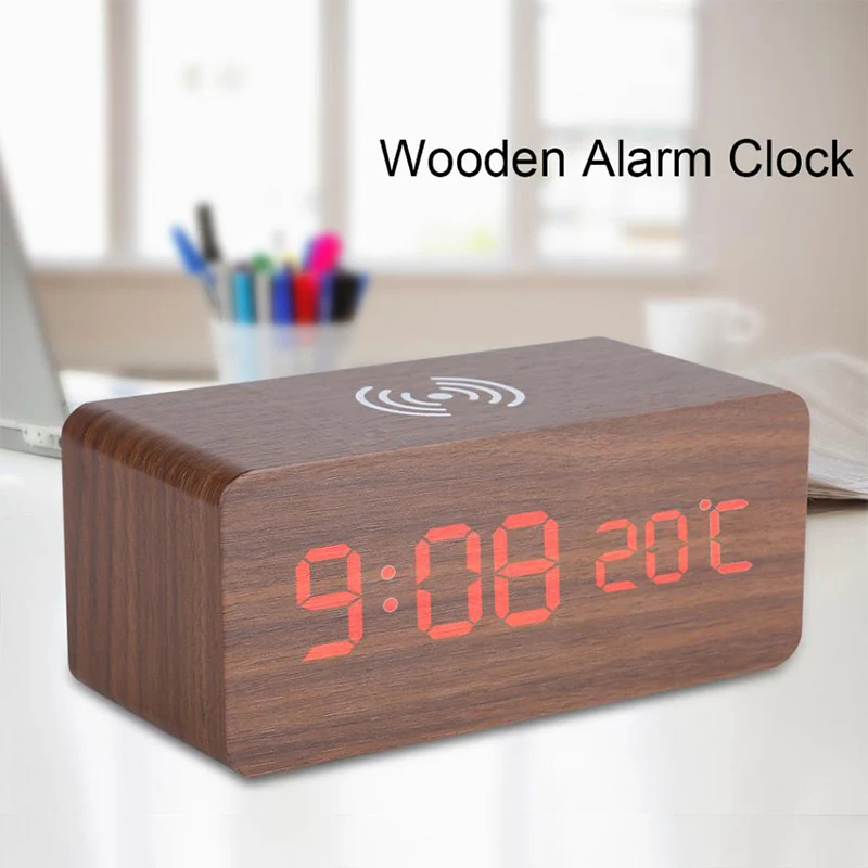 Wooden Alarm Clock With Qi Wireless Charging Pad Compatible With Phone