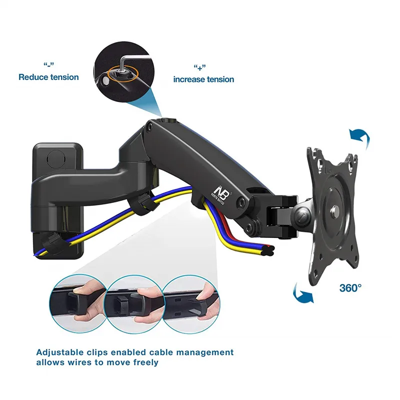 NB F150 1"-27" полный монитор движения настенное крепление алюминиевый сплав 360 градусов монитор держатель газовая пружина кронштейн тв монитор Настенный кронштейн