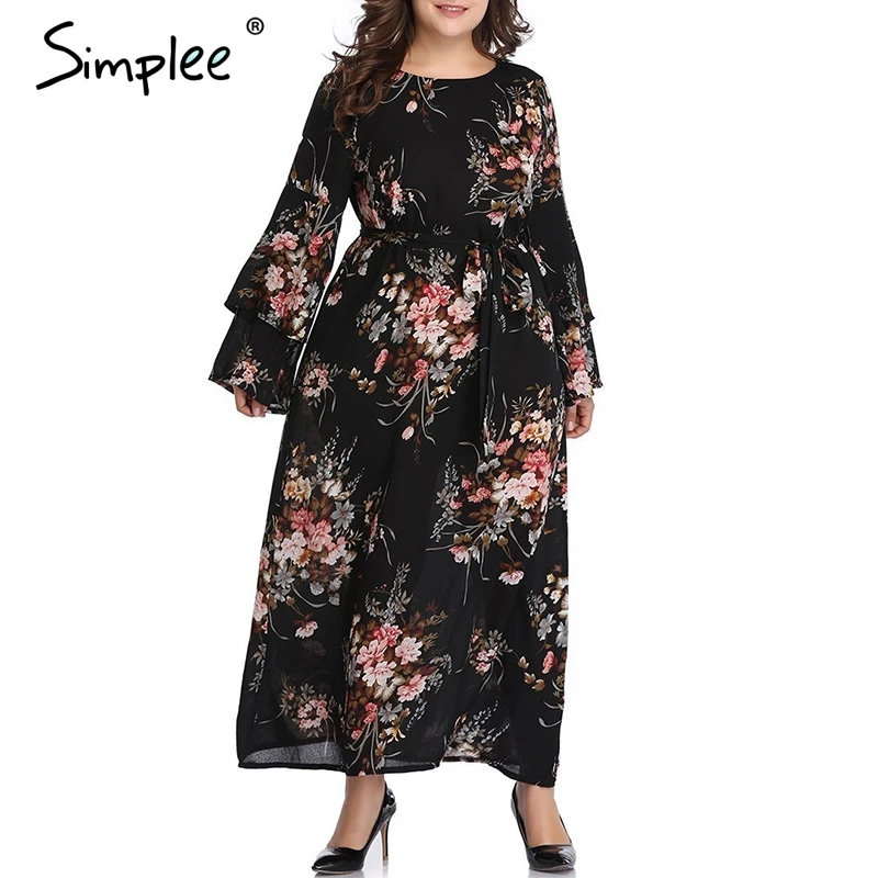 Simplee Boho Цветочный принт шифоновое платье плюс размер женские летние длинные