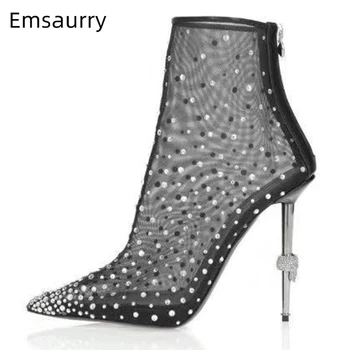 

Individual Skull Metal Heel Ankle Boots Women Sexy Pointed Toe Crystal Air Mesh Runway Botas Mujer Rhinestone Decor Short Boots