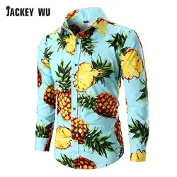 JACKEYWU рубашки домашние муж. для мужчин Мода 2019 г. ананас печати с длинным рукавом Гавайская рубашка тонкая рубашка Лен мужская одежда