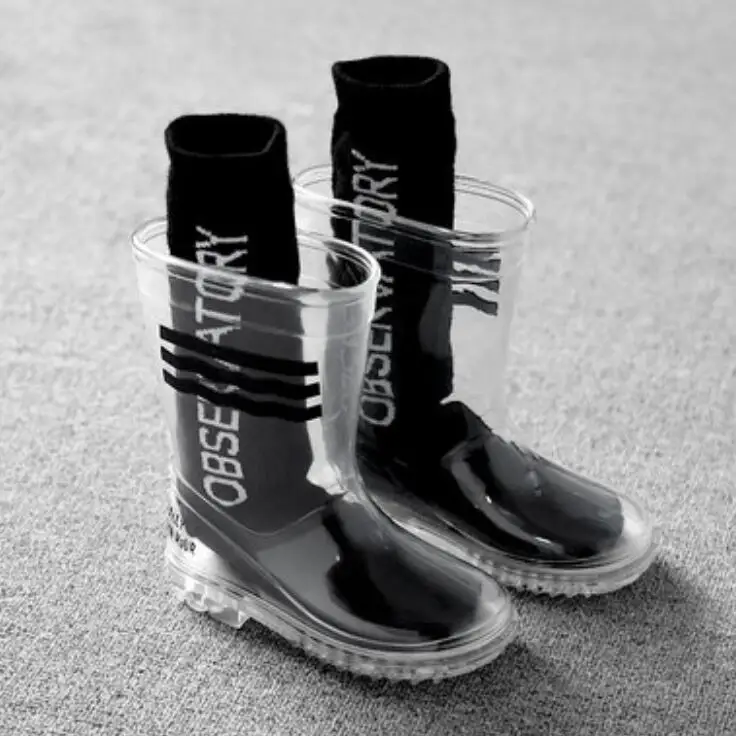 Детская непромокаемая обувь для мальчиков и девочек; противоскользящие детские непромокаемые сапоги для детского сада; прозрачная водонепроницаемая обувь для детей - Цвет: black black