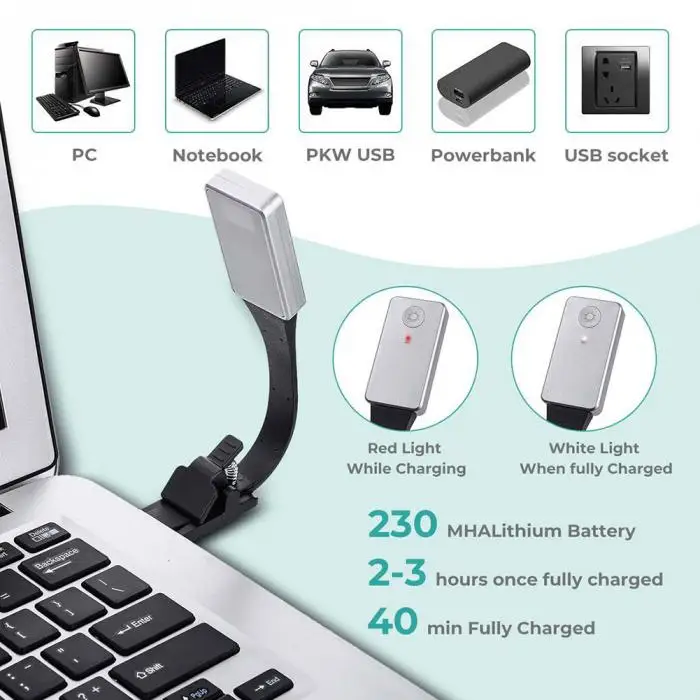 Клип-на светильник для чтения гибкий Регулируемый USB Перезаряжаемый для чтения электронных книг книга