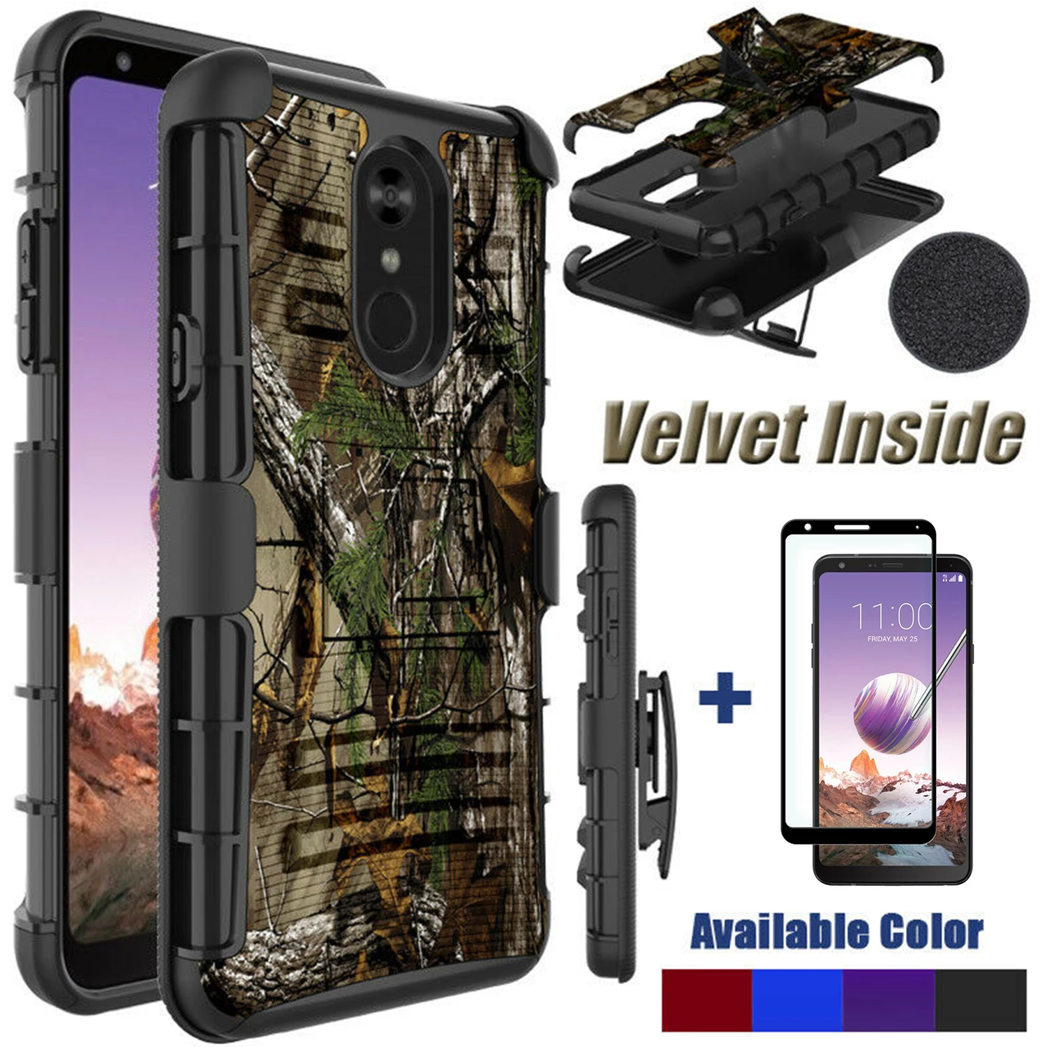 

For LG Stylo 4 / 4 Plus / Q Stylo Case Shock Absorption Dual Layer with Kickstand & Belt Clip Holster with Black Tempered Glass