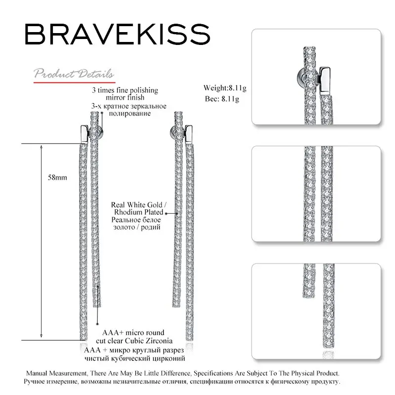 BRAVEKISS уникальный двойной Прямоугольная форма Длинные Кристалл Висячие серьги для женщин Свадебная вечеринка Jewelry Pendientes Mujer Brincos BUE0282