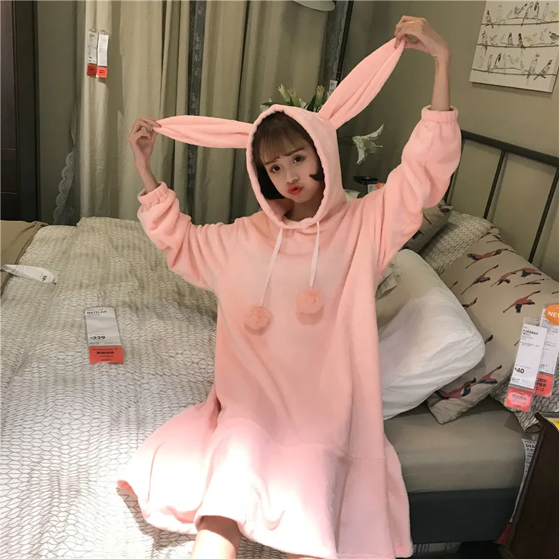 Женские теплые ночные рубашки Kawaii с длинным рукавом, фланелевые женские пижамы с заячьими ушками, модные однотонные женские пижамы с капюшоном и оборками - Цвет: pink