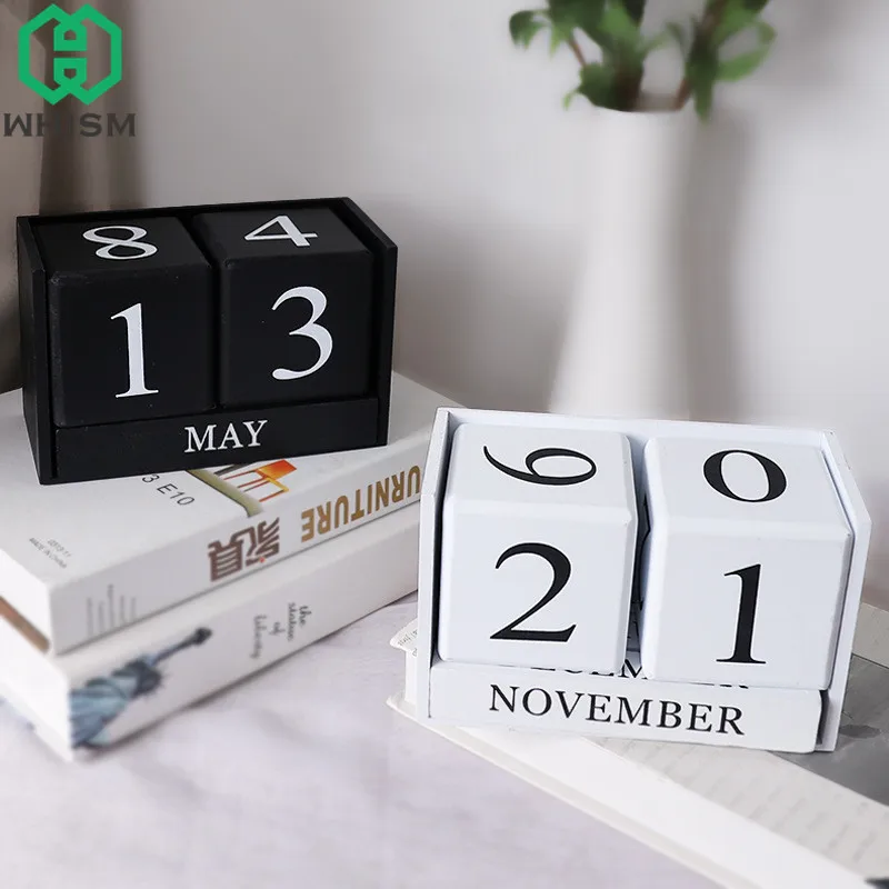 

WHISM Wooden Calendar Desktop Ornaments Wood Block Planner Artcraft Wooden DIY Craft Permanent Calendar Figurines Miniature