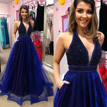 Роскошные ярко-синие кристаллы вечернее платье Холтер спинки линии органзы Длинные Выпускные платья на заказ Формальные платья