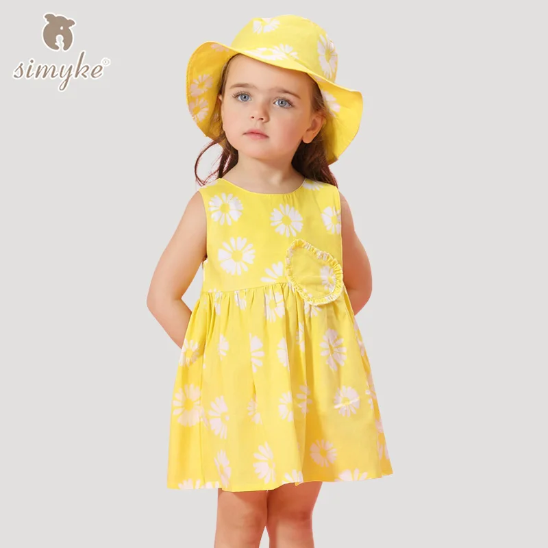 

Simyke Girls Sleeveless Dress 2018 New Girl Yellow Flower Printing Dress Toddler Child White Clothing Children's Clothes W8169