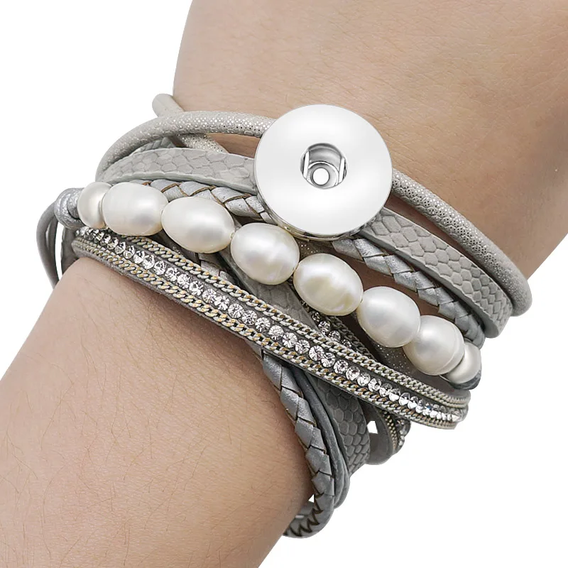 New Beauty 2 Layers Crystal Pearls Leather snap bracelets fit 18mm snap buttons snap jewelry
