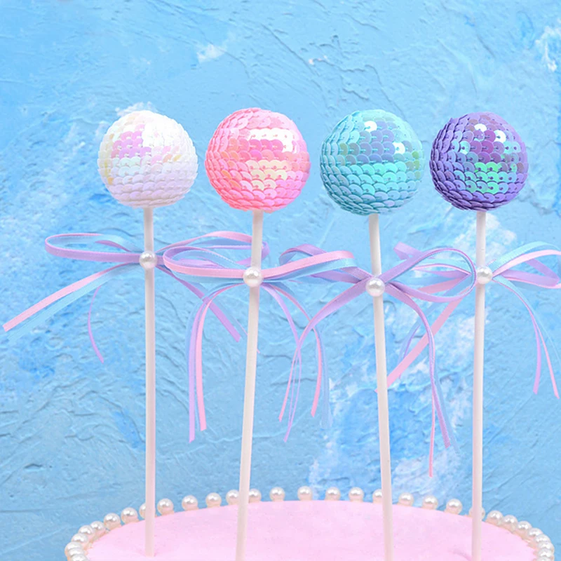 

1Pcs Romantic Shining Round Balls Bow Birthday Cupcake Toppers 4 Colors Sequin Ribbon Topper for Party Cake Decorations