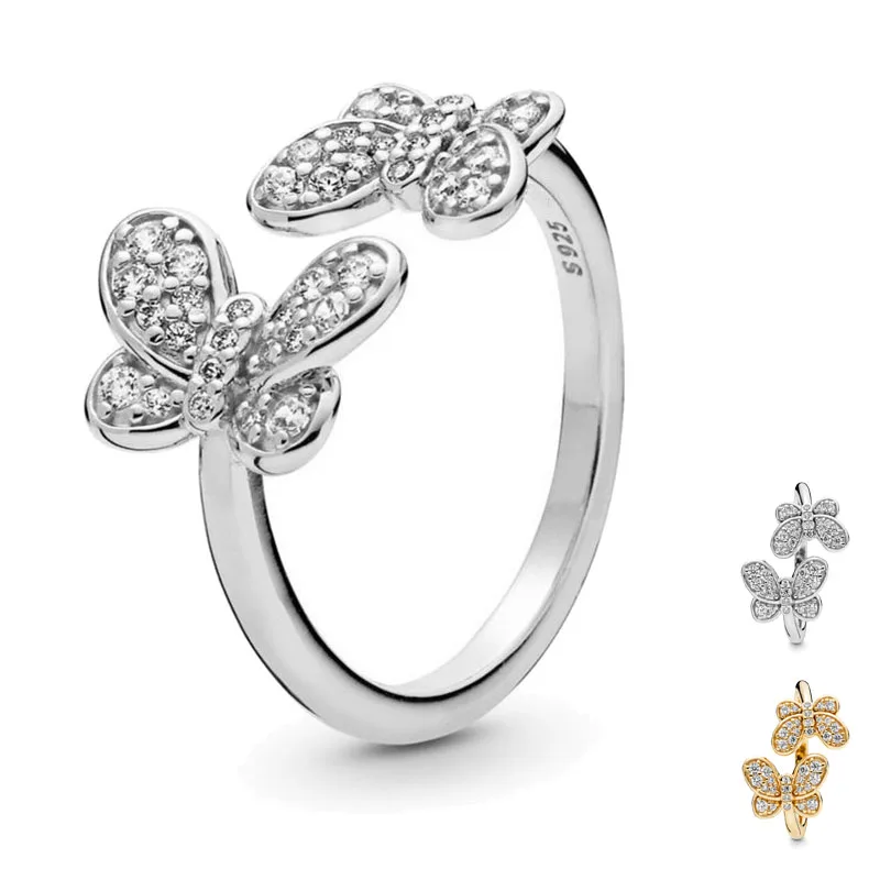

2019 Spring New 925 Sterling Silver Shine Gold Delicate Butterfly Ring For Women Wedding Party DIY Europe Jewelry Birthday Gift