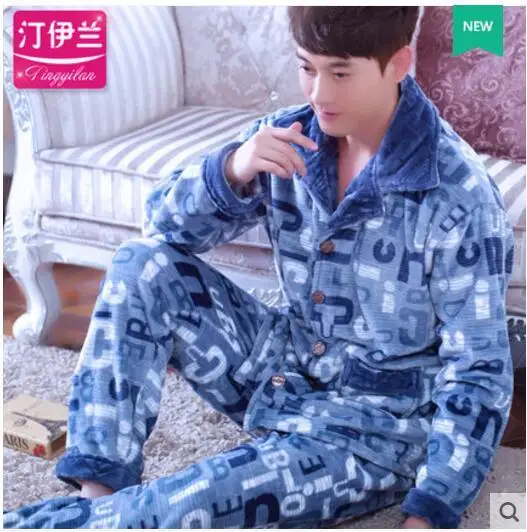 Winter Pajamas Men Thick Coral Fleece Man Pajamas Sets O-Neck Long Sleeve Pyjamas For Men Sleepwear Warm Pajamas Male Homewear - Цвет: Picture color