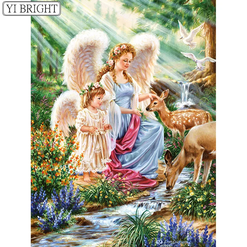 

Full Square Diamond Painting Cross Stitch Angel is stroking the elk 3D Diamond Embroidery Rhinestone Mosaic Home Decoration