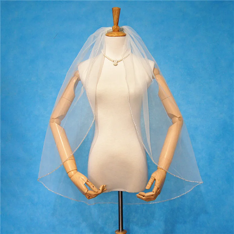 

High Quality Handmade Beaded Wedding Veil Fingertip Champagne Bridal Veil Metal Comb in White Ivory Champagne
