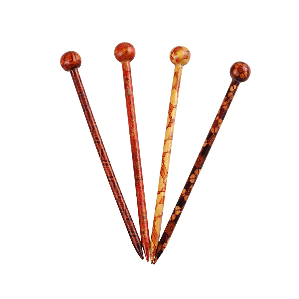 4 Pcs BOHO Style Printed Wooden Hair Pin Stick Women Lady Hair Chopstick Sandalwood Hairstick 13cm for Wedding Prom Bridal