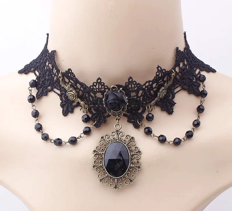 Модное готическое викторианское ожерелье с кристаллами и кисточкой, татуировка, колье, черный кружевной воротник, винтажное женское свадебное ювелирное изделие - Окраска металла: F0100105