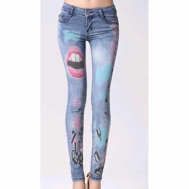 

jeans woman Casual light Blue Pencil jean pants Girl printing Pattern jeans Skinny Long womens Capris Female