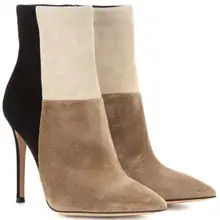 Новинка замшевые ботильоны из кожи бежевого и черного цвета модельная обувь контрастных цветов на каблуке-шпильке прямая поставка