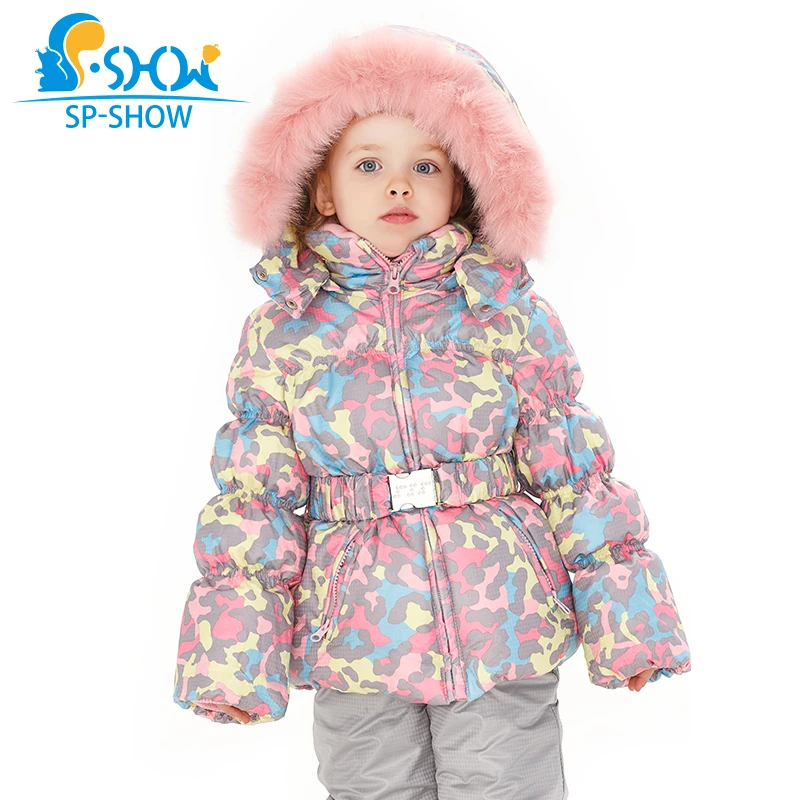 SPSHOW Kids Girls Winter Clothes Luxury Brand 3-8 Age Down Thick Warm Fleece Winter Jacket Fur Hooded Jacket + Trousers Ski Suit