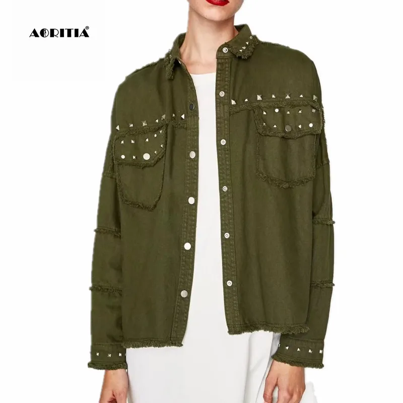 2018 Women Autumn Denim Army Green Rivet Jackets Outwear Jacket Jeansin Basic Jackets from