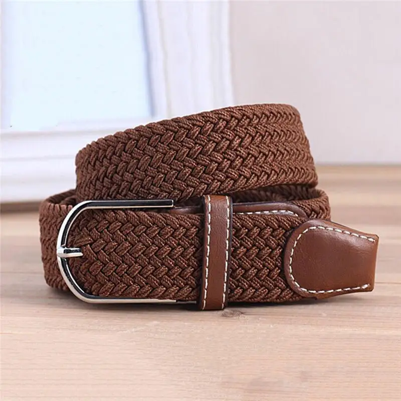 Mens Woven Stretch Braided Elastic Leather Buckle Belt Unisex Waistband