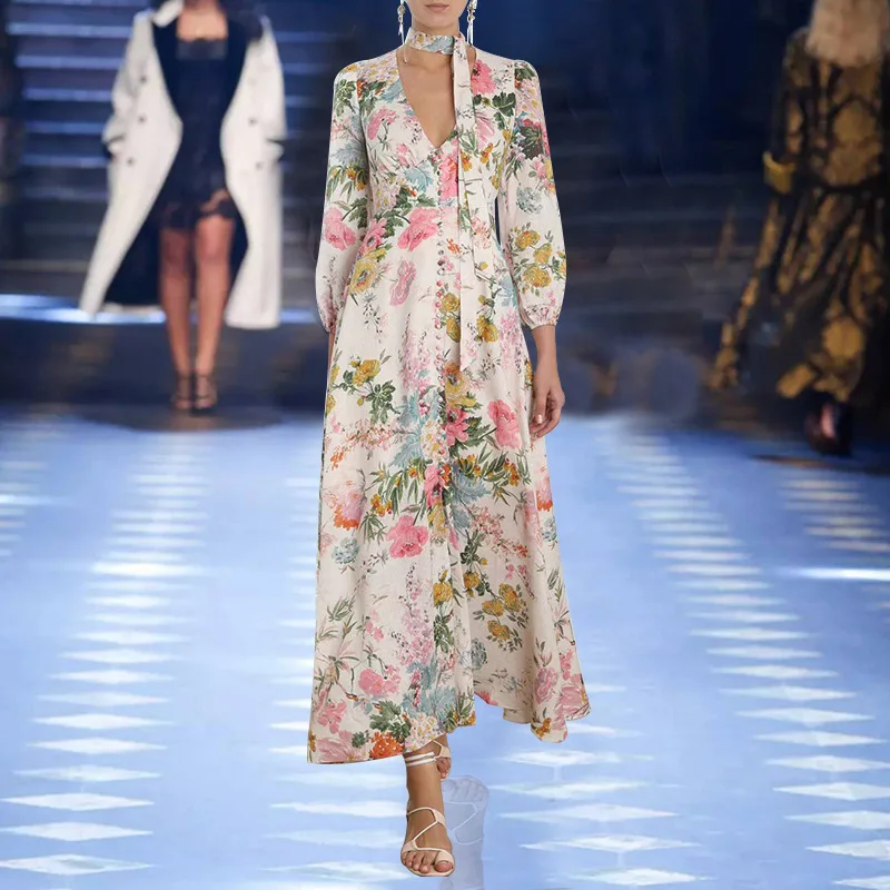 TANG 2019 Summer Elegant Deep V-Neck Women Dress Floral Print Maxi Dress Lantern Sleeve Slim High Waist Dress  (4)