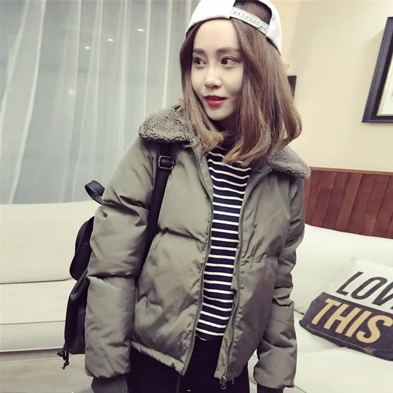 

Women Autumn Winter Outerwear Coat Korean Style Lambs Collar Down Cotton-Padded Jackets Short Casual Female Warm Parkas