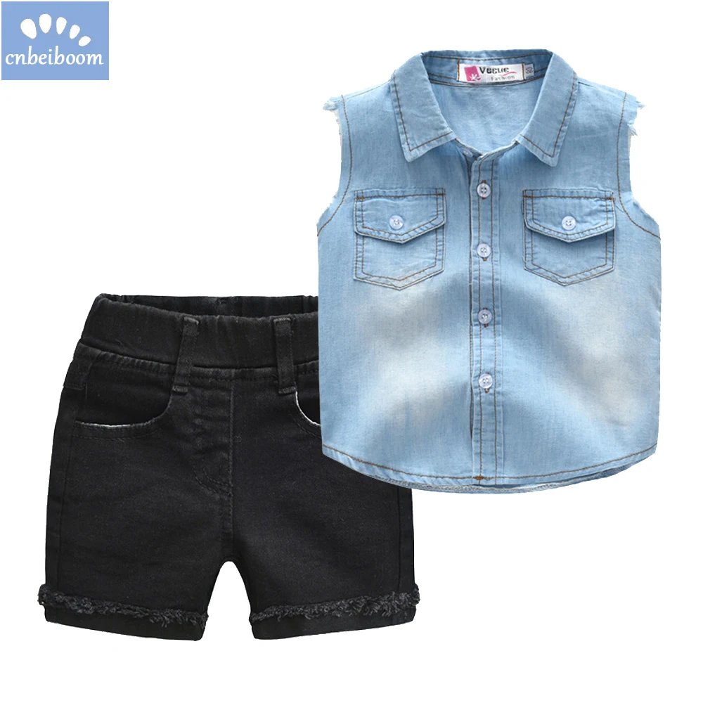 kids Boy Denim suit sleeveless blue cowboy shirts + black